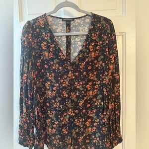 Something Navy Floral Blouse Size S Dark Floral Long Sleeve Flowy Top